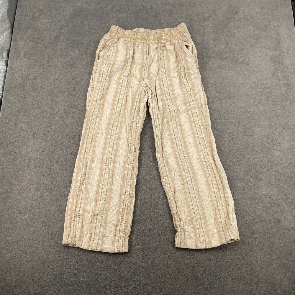 Briggs Pants Womens Medium Tan Linen Blend Striped Boho Comfort Elastic Waist‎